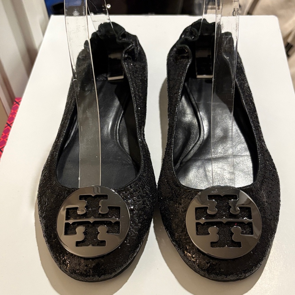 Tory Burch Reva Ballet Flats, Black Shimmer Glitter, Size 11